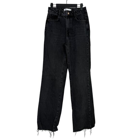 Zara Full Length Wide Leg Frayed Raw Hem High Rise Denim Jean 4 Black Washed - Picture 13 of 16